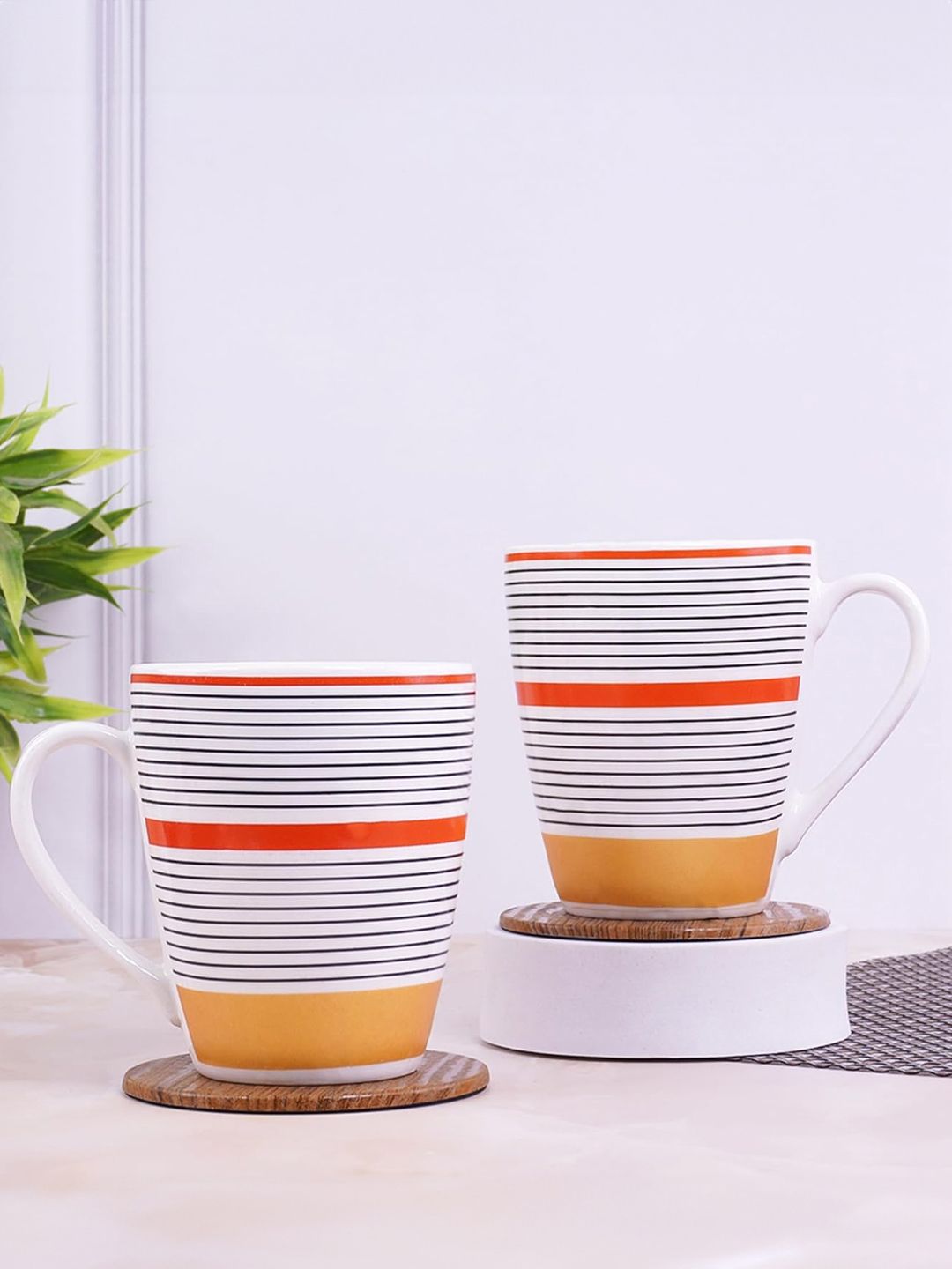 UPC White Striped Ceramic Microwave Safe 2 Piece Mugs-280ml