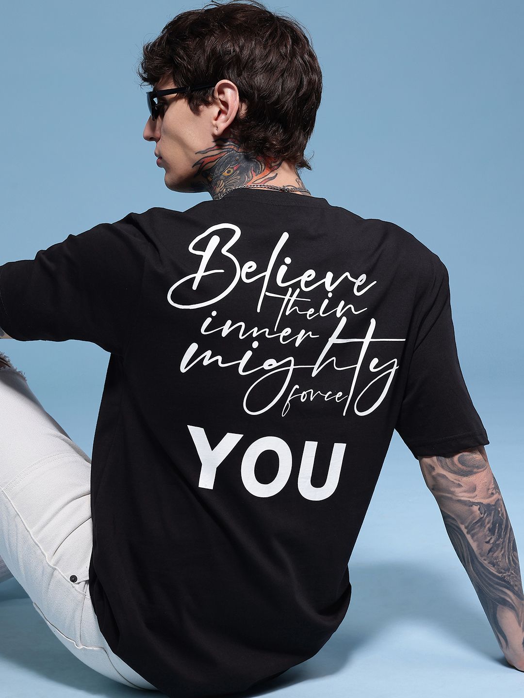 HERE&NOW Typography Printed Drop-Shoulder Sleeves Pure Cotton Oversized T-shirt