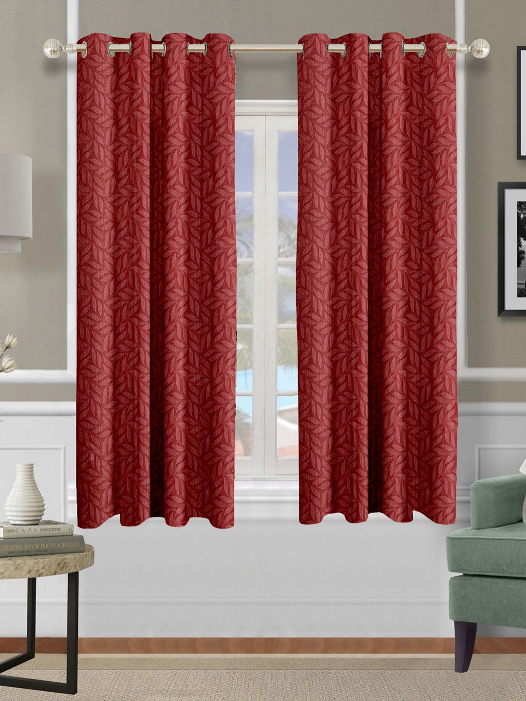 Buy Cortina Maroon 2 Pieces Floral Printed Emboss Window Curtains -  - Home for Unisex
