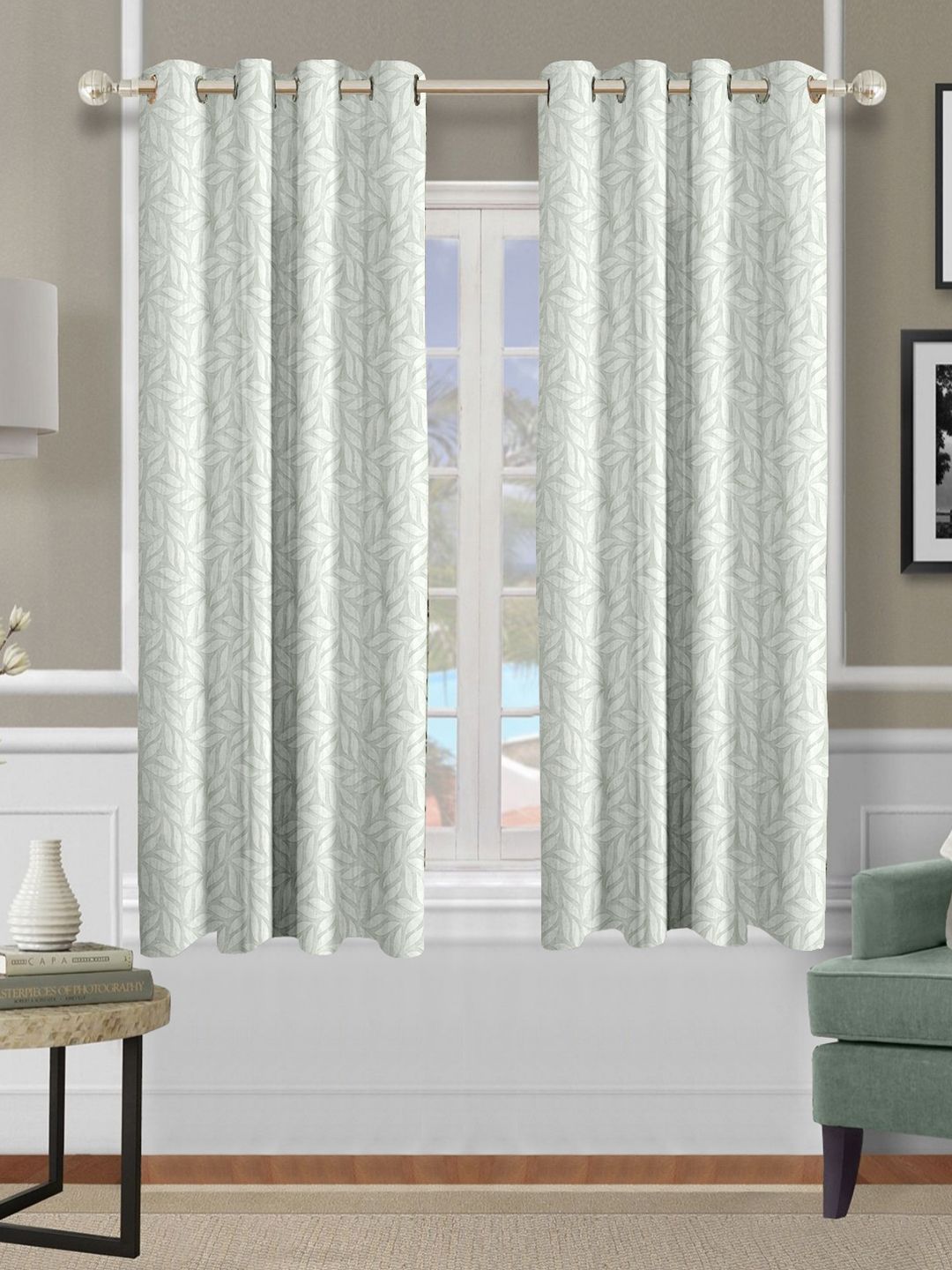 Cortina White 2 Pieces Floral Printed Emboss Window Curtains