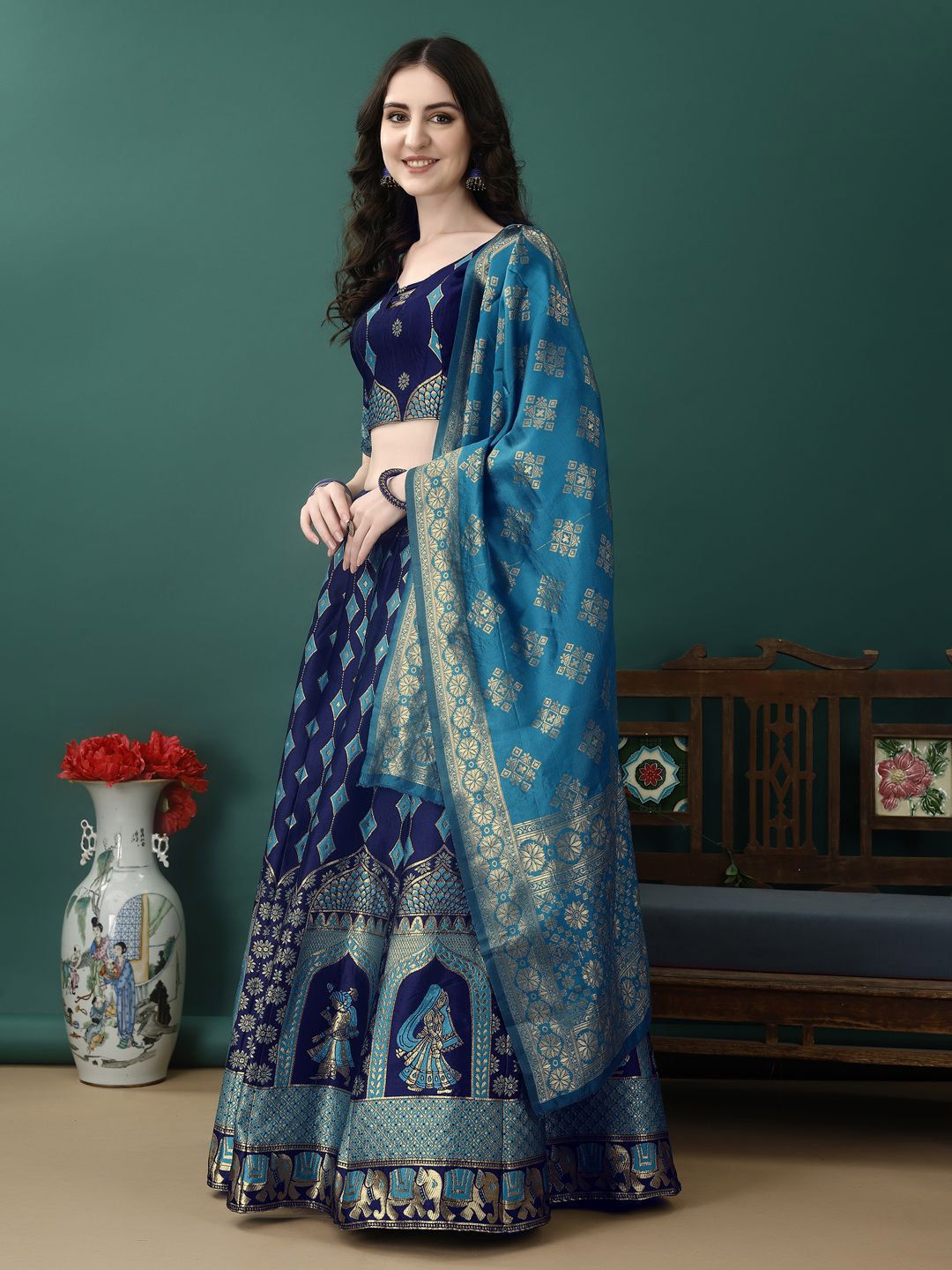 Woven Design Zari Ready to Wear Lehenga & Unstitched Blouse With Dupatta 4