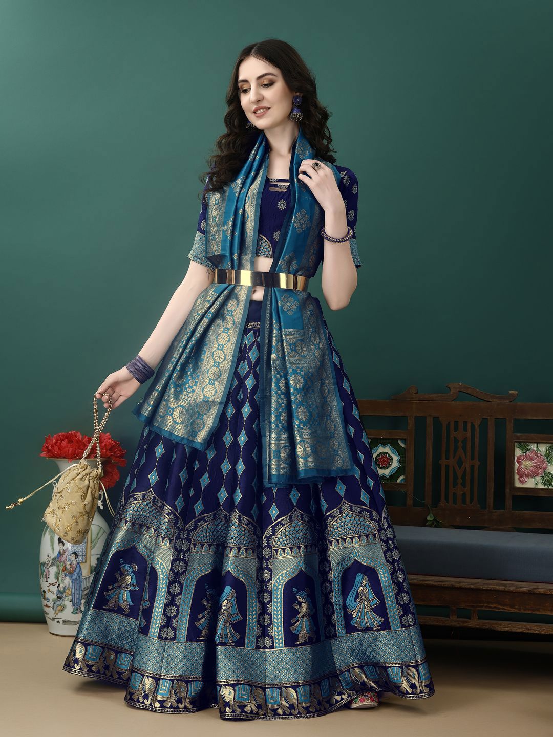 Woven Design Zari Ready to Wear Lehenga & Unstitched Blouse With Dupatta 6