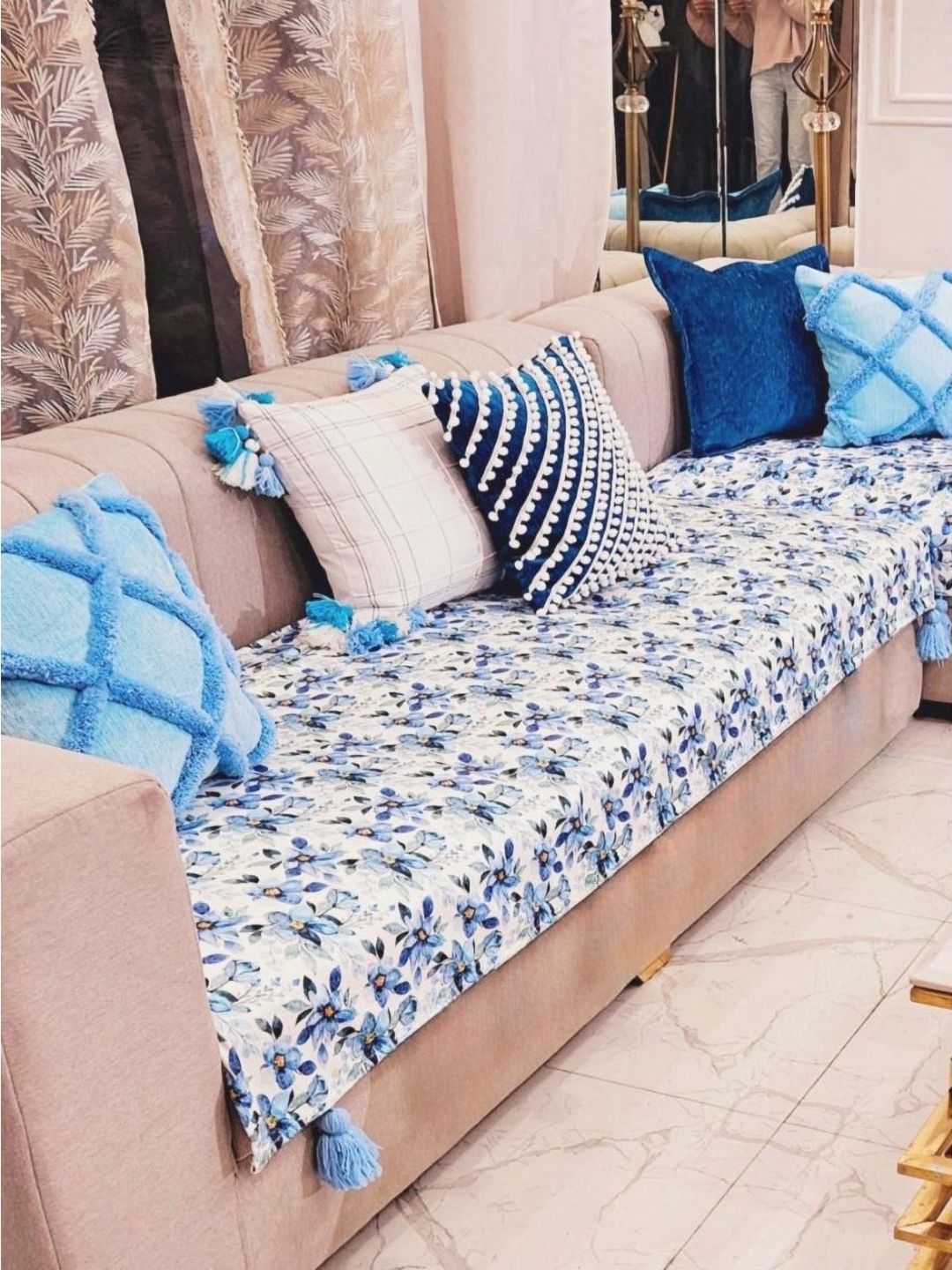 THROWPILLOW Blue Floral 3 Seater Sofa Cover With Corner Tassels-Size 67x26 Inch