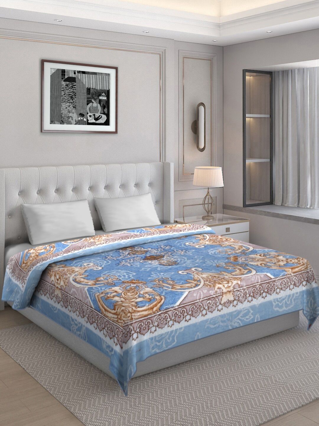 KLOTTHE Blue & Brown Printed Wool 1000 GSM Heavy Winter King Double Bed Blanket