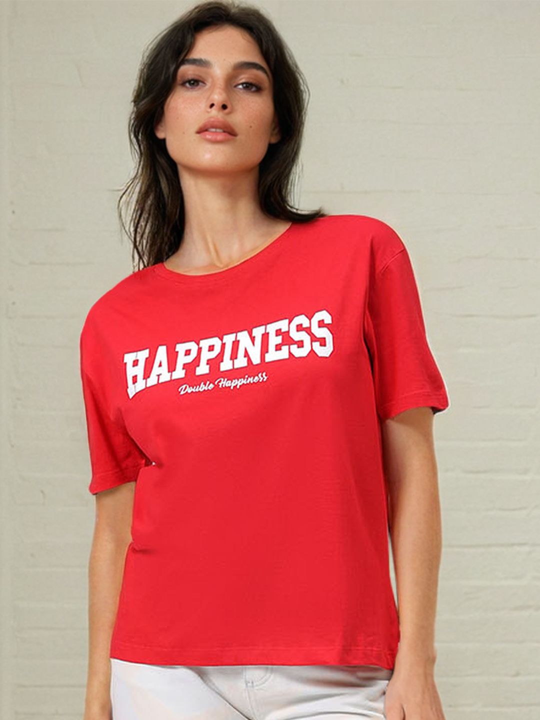 Freehand by The Indian Garage Co Women Typography Printed Cotton Relaxed Fit T-shirt