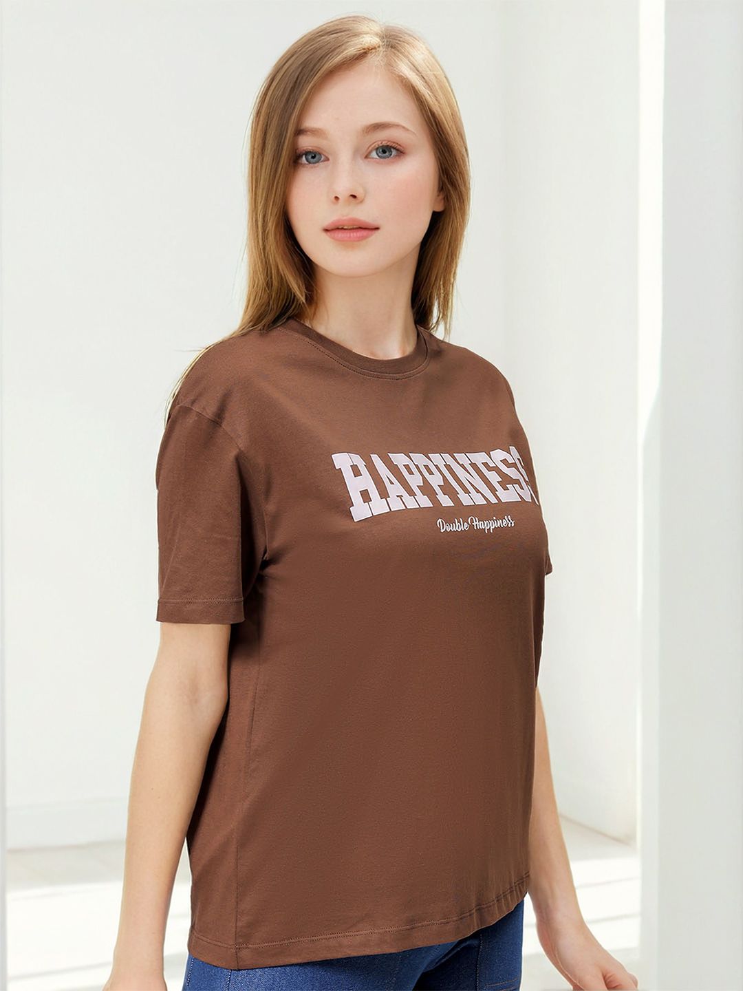 Freehand by The Indian Garage Co Women Typography Printed Cotton Relaxed Fit T-shirt