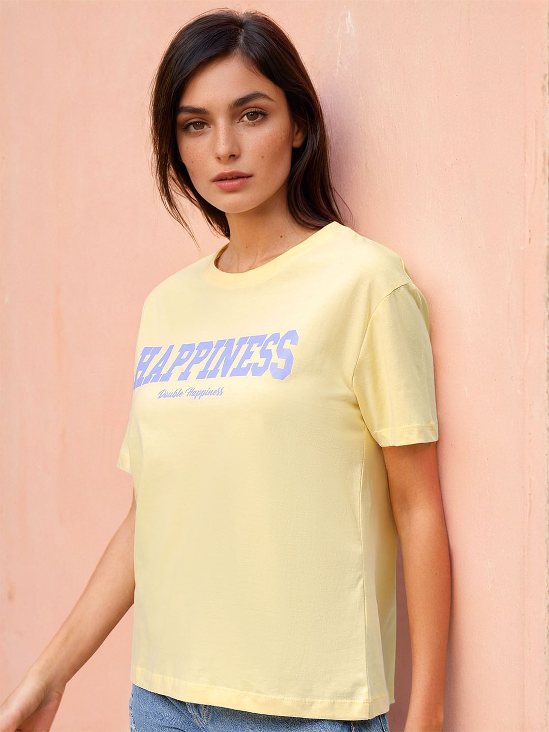Freehand by The Indian Garage Co Women Typography Printed Cotton Relaxed Fit T-shirt