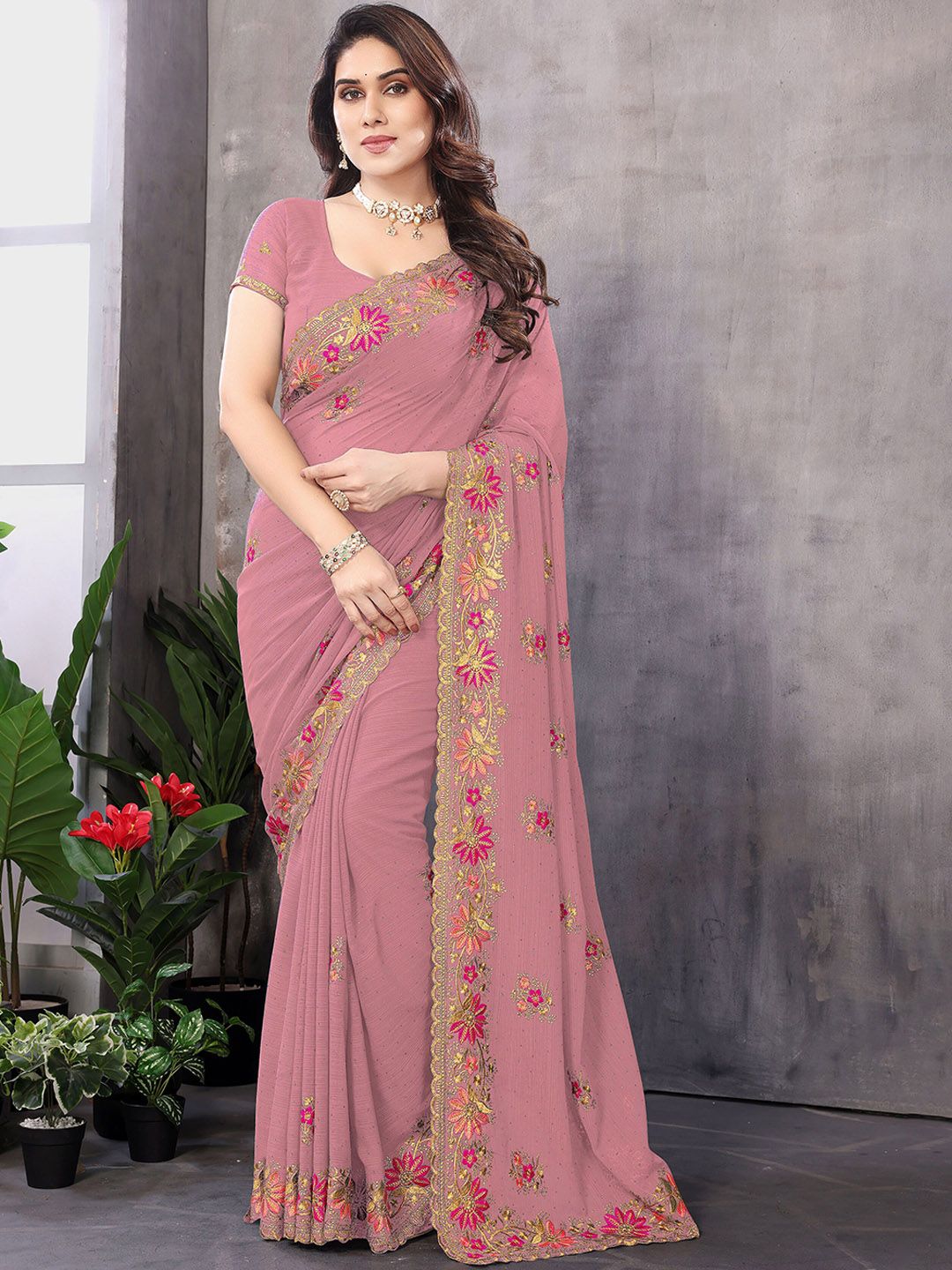 Floral Embroidered Pure Georgette Saree