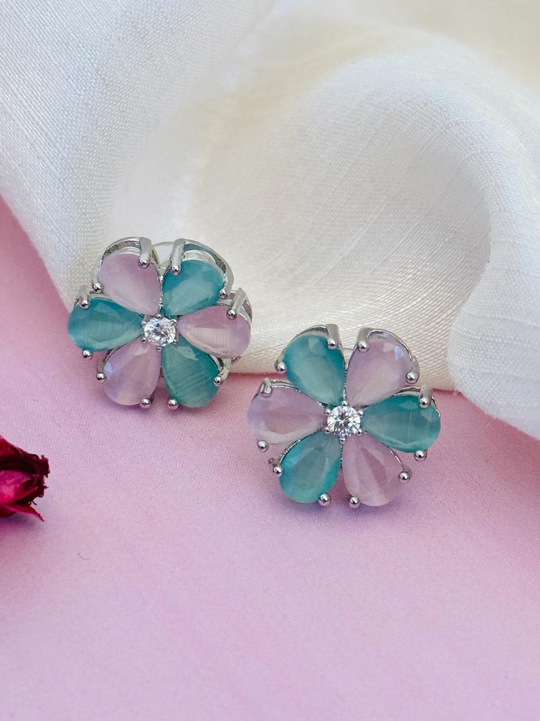 Sangria Silver Plated Stone Studded Floral Studs