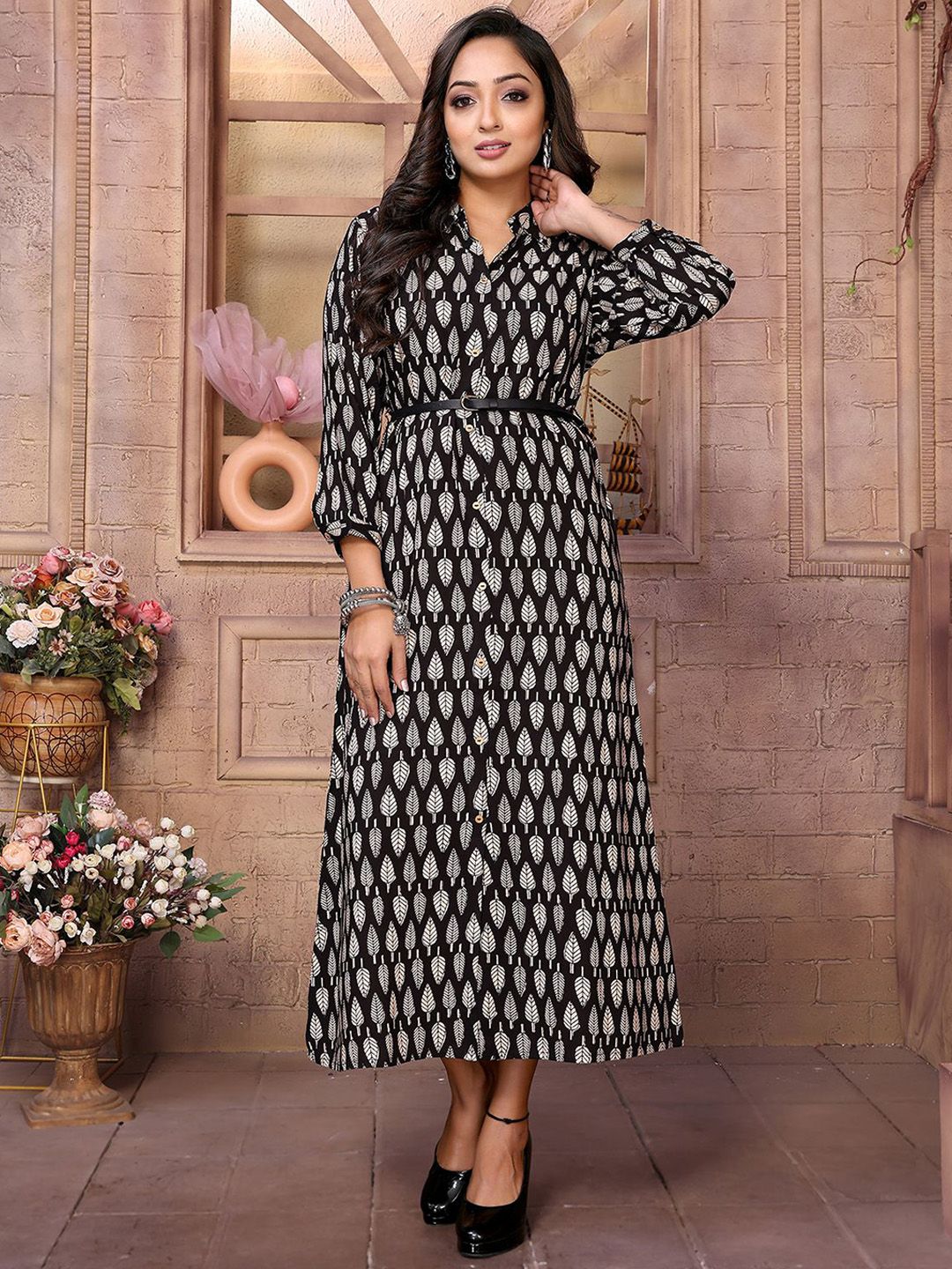 Rangita Women Ethnic Motifs Printed Shirt Calf Length Ethnic Dresses With Belt