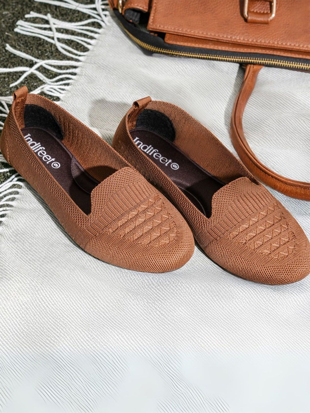 Indifeet Women Brown Textured Slip-On Mesh Ballerinas with Memory Insole