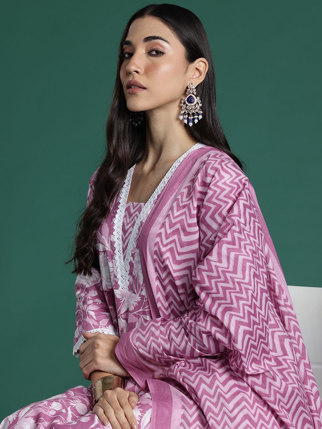 Indo Era Women Floral Printed Regular Pure Cotton Kurta with Trousers & With Dupatta