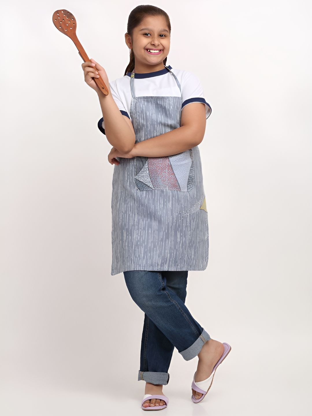 Arrabi Kids Grey & White Striped Apron With Pockets