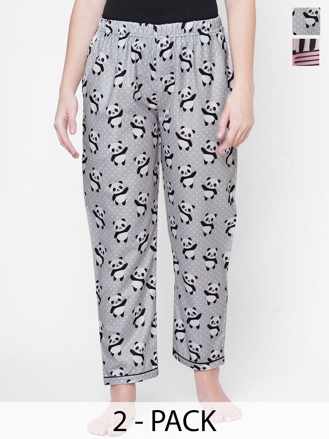 NOIRA Women Pack of 2 Printed Mid-Rise Straight Lounge Pants
