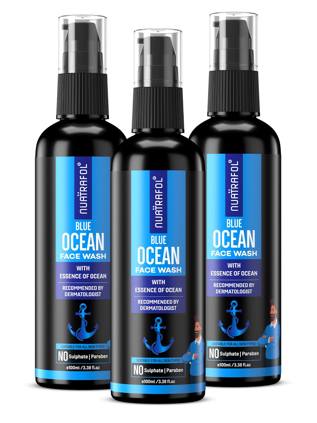 NUATRAFOL Men Set Of 3 Blue Ocean Face Wash - 100 ml Each