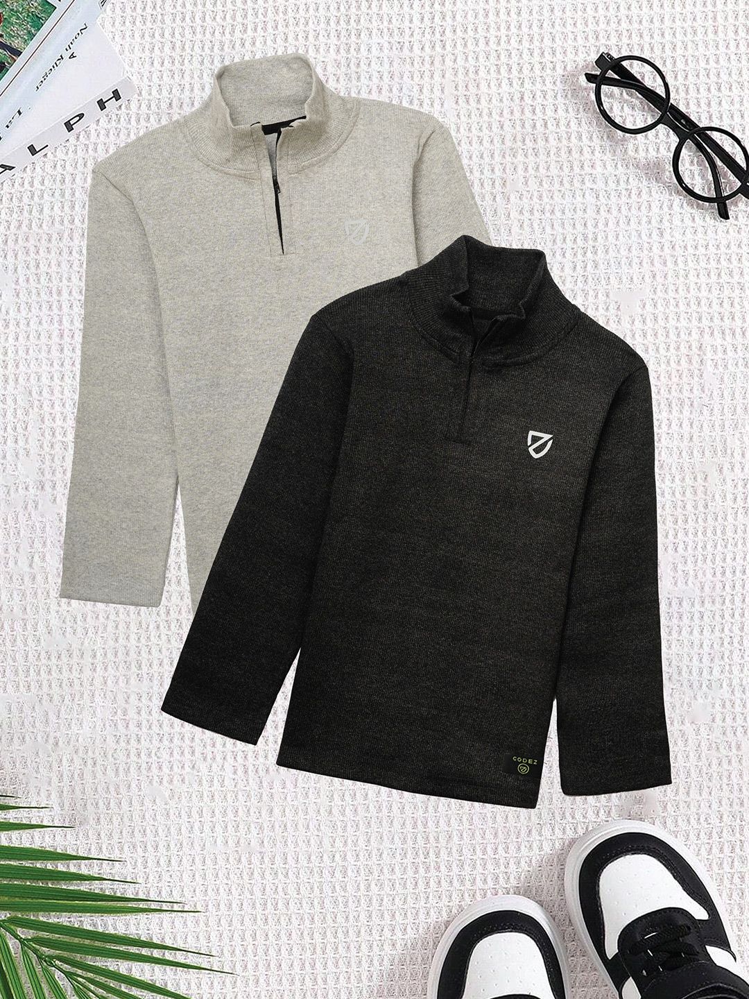 CODEZ Boys Pack Of 2 High Neck Self Design Half Zipper Pullover Sweatshirt