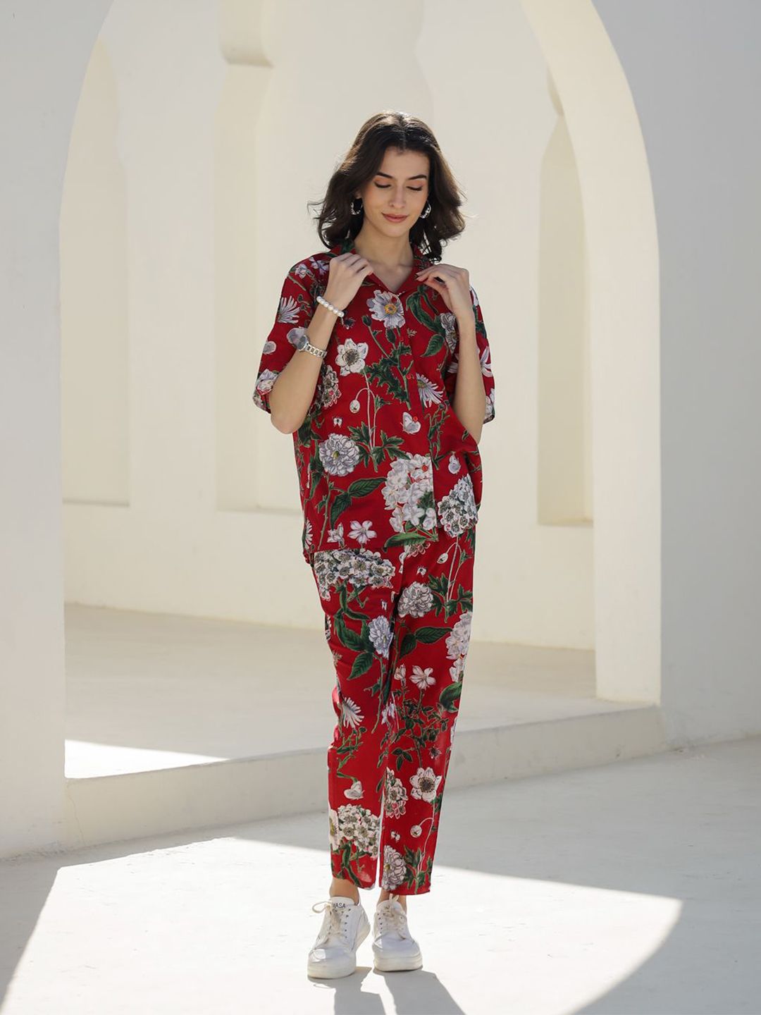 SANSKRUTIHOMES Women Red Printed Pure Cotton Short Sleeve Co-Ords