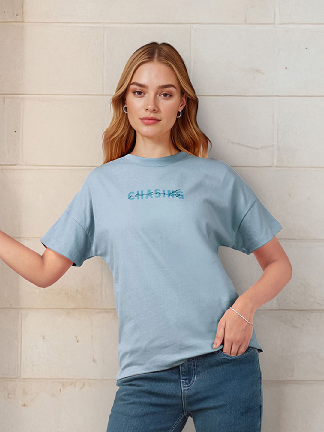 Mast & Harbour Women Typography Printed Drop-Shoulder Sleeves Pure Cotton T-shirt
