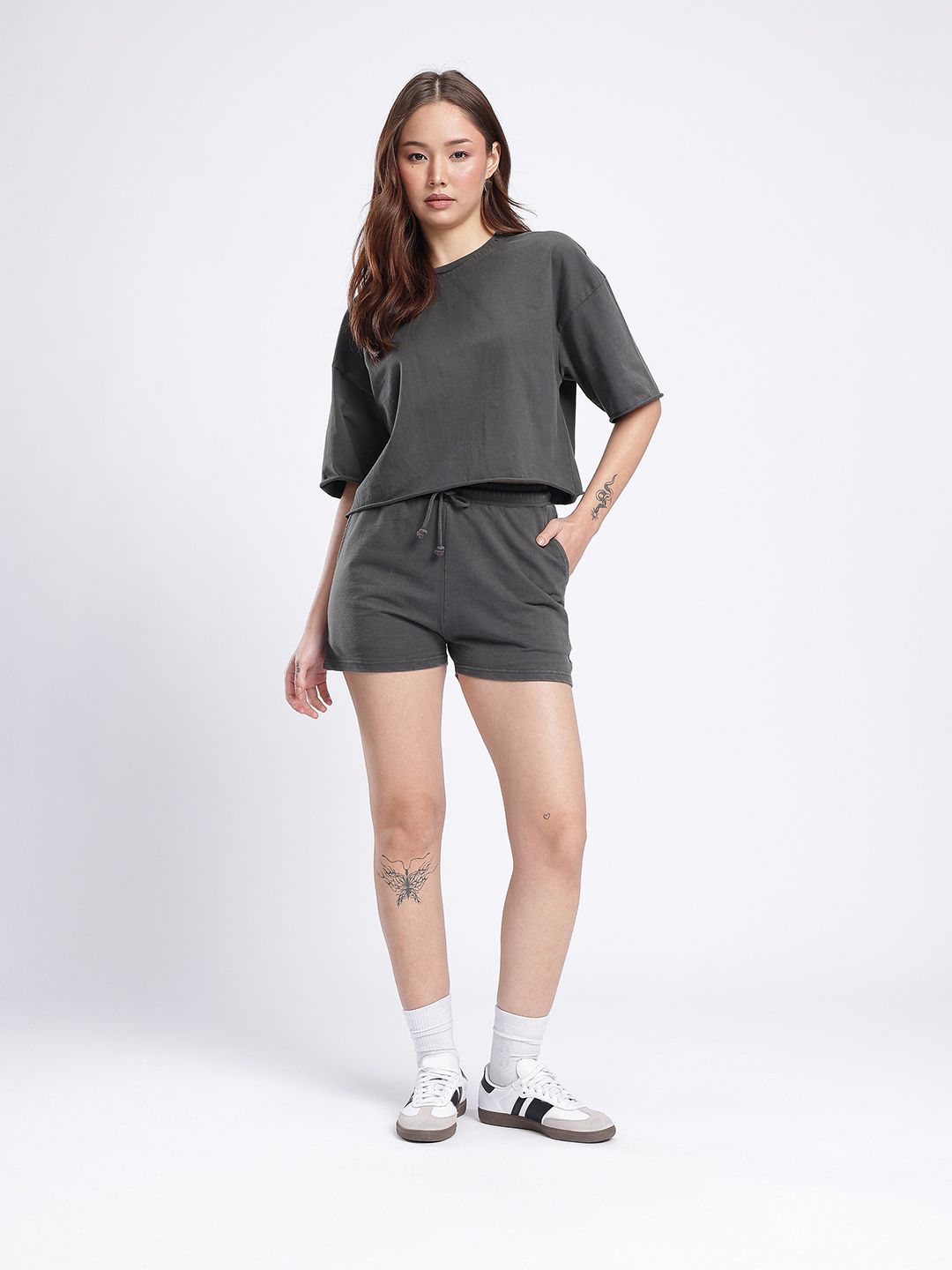 glitchez Cotton Terry Relaxed Fit Washed Crop T-shirt With Shorts