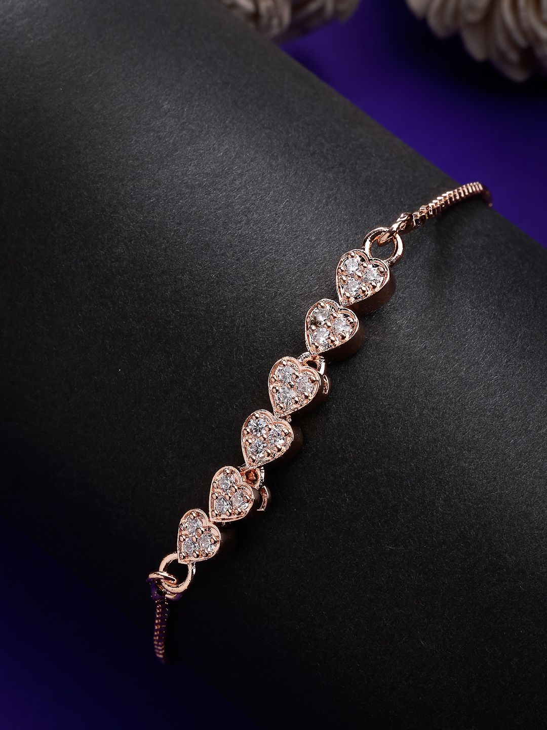 ZENEME Rose Gold Plated Heart Shaped AD Studded Wraparound Bracelet