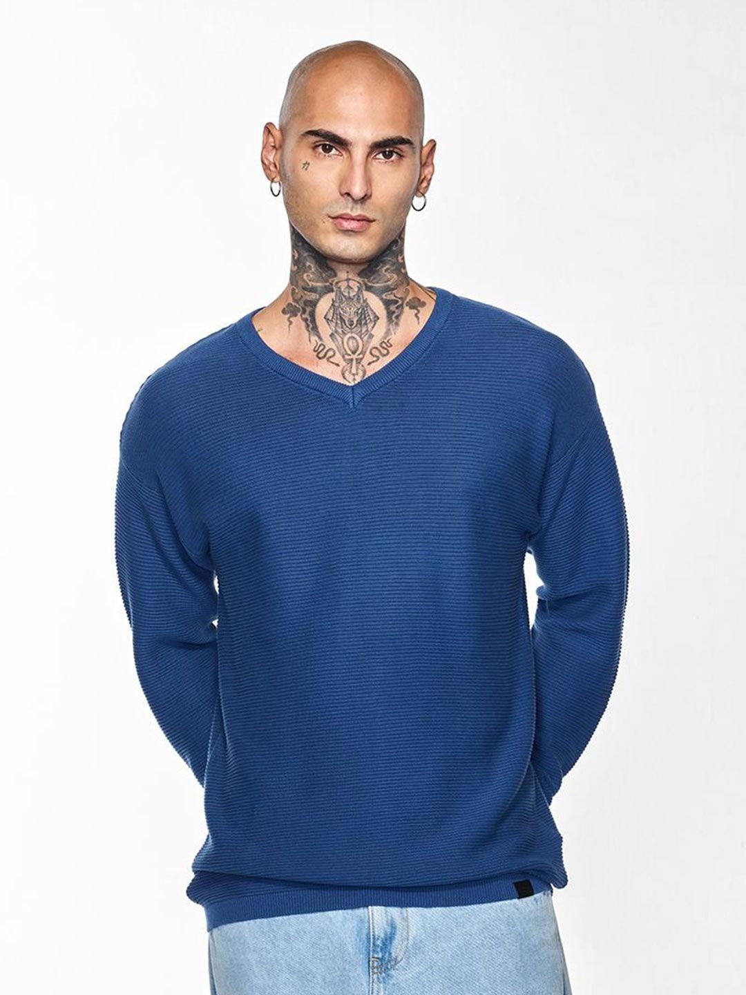 Snitch Men Striped Pure Cotton Ribbed Pullover Sweater