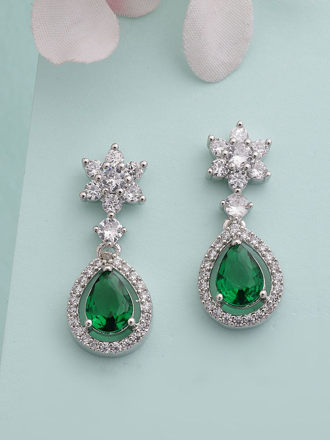 Buy ZENEME Rhodium Plated American Diamond Studded Royal Green Drop Earring -  - Accessories for Women