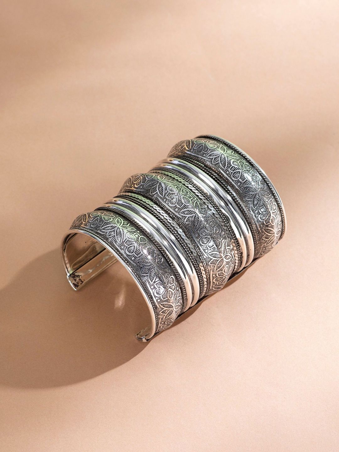 UnfoldSelf Silver-Plated Floral Design Oxidised Afghan Cuff Bracelet