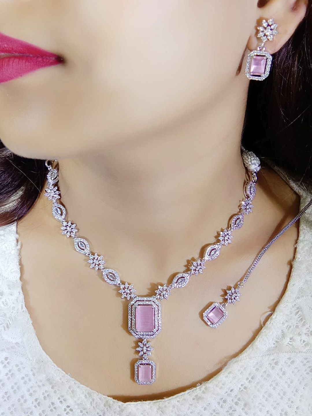 Ladymania Silver-Plated American Diamond Stone-Studded Jewellery Set