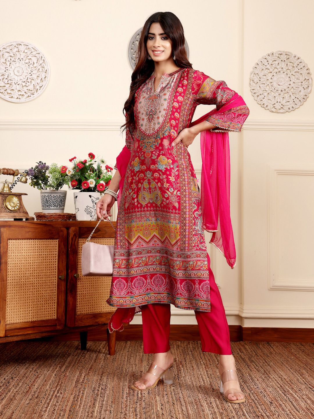 Ethnic Motifs Printed Gotta Patti Chanderi Silk Kurta With Trousers And Dupatta 4