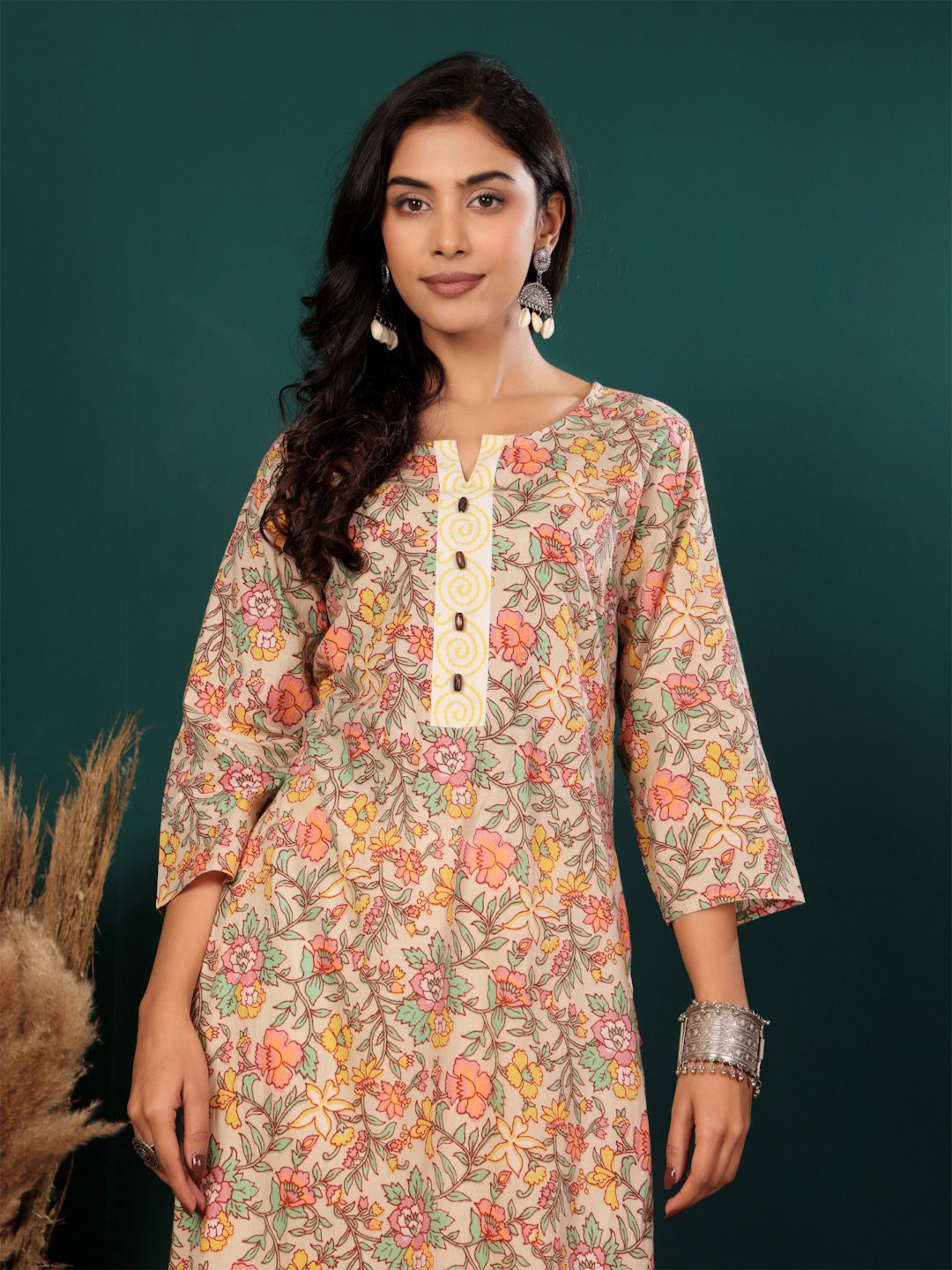 Varanga Floral Printed Notch Neck Pure Cotton Straight Kurta With Trousers