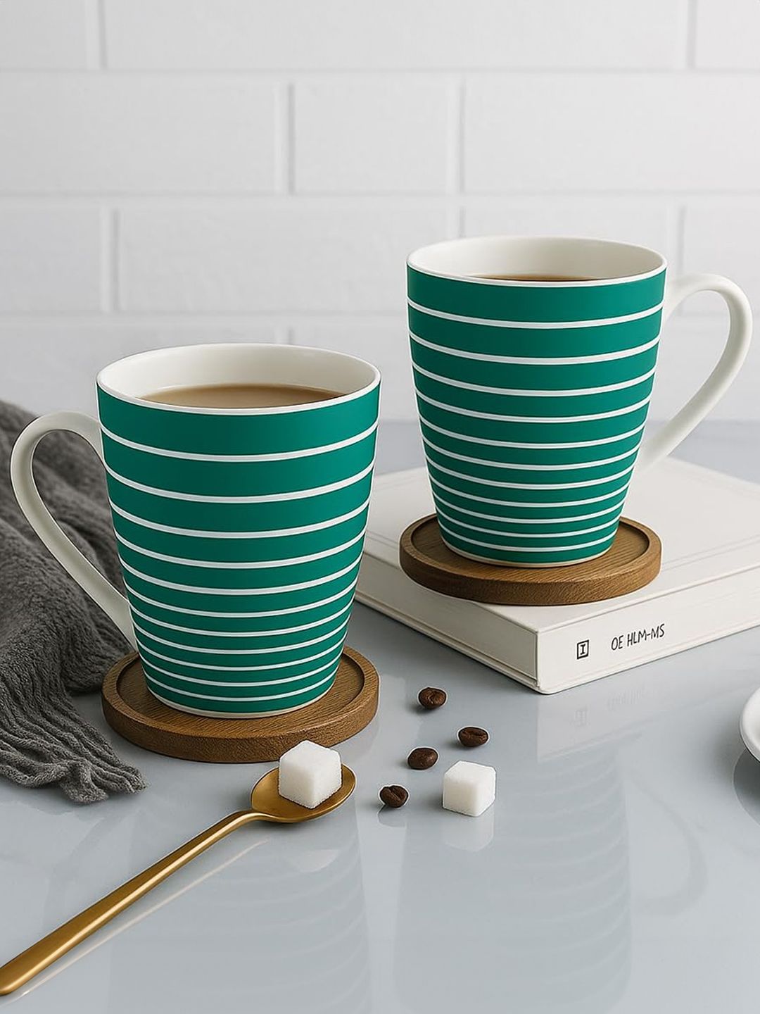 UPC Premia Series New Iris Green Striped Ceramic Microwave Safe 2 Piece Mugs-280ml