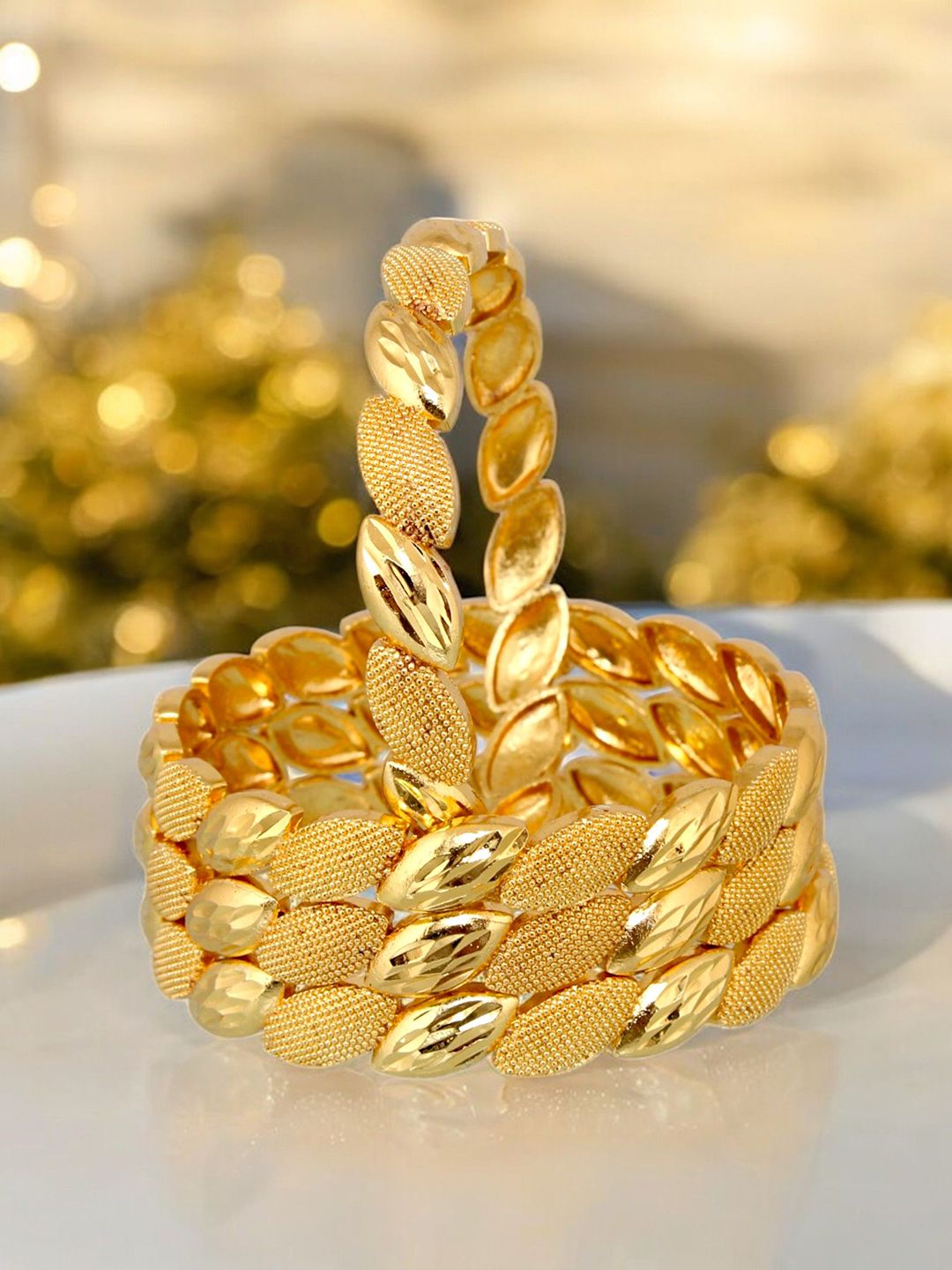 LUCKY JEWELLERY Set of 4 Leaf Design 18KT One Gram Gold Plated Traditional Bangles