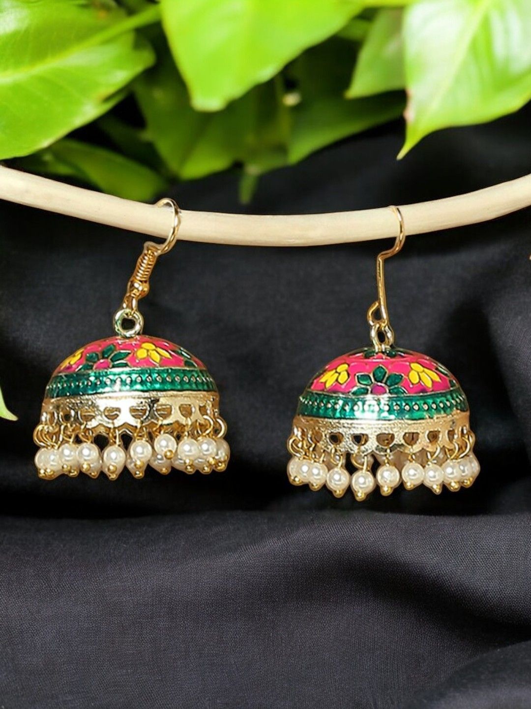 OOMPH Gold-Plated Artificial Beaded Dome Shaped Meenakari Jhumkas