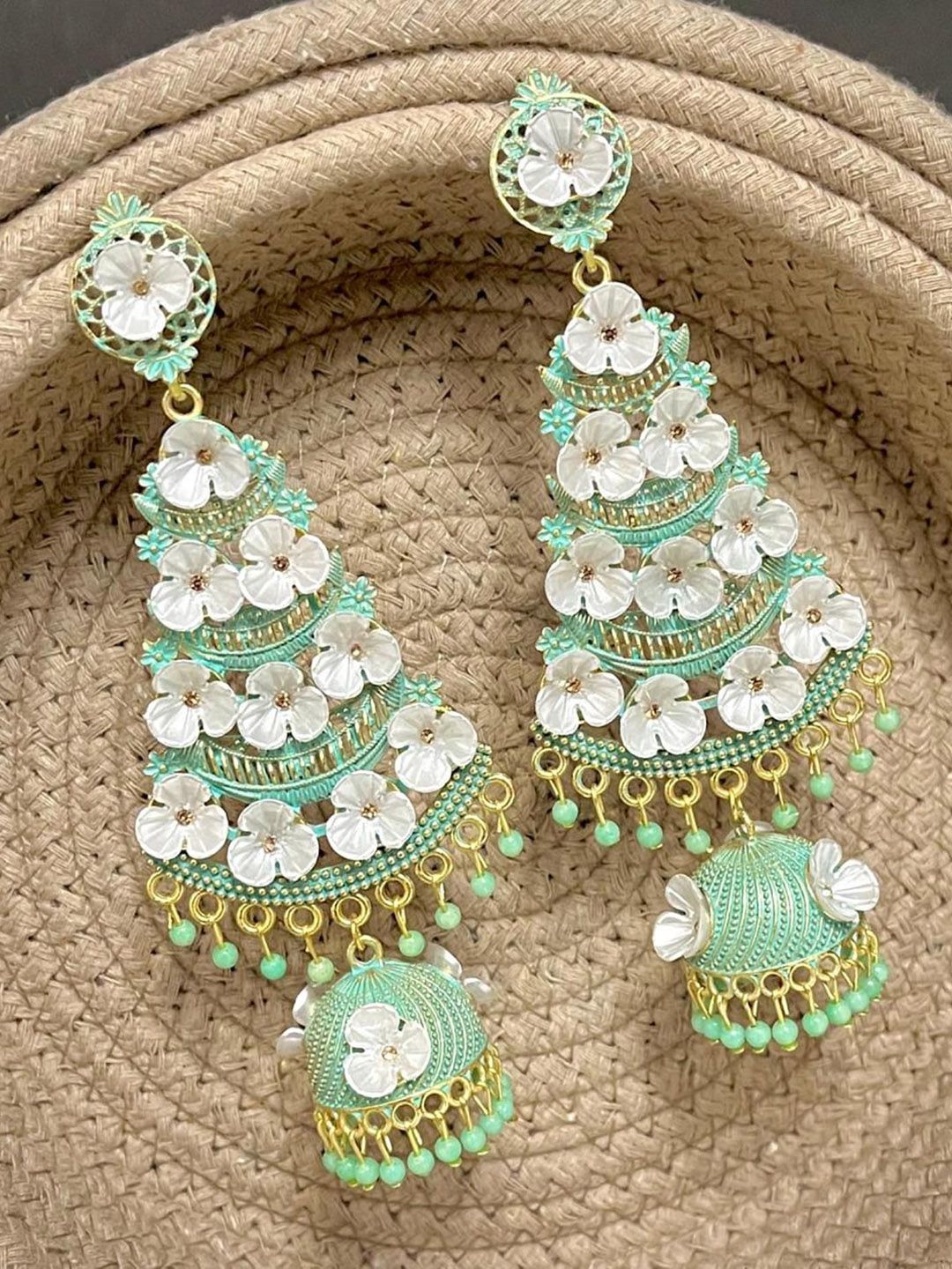 TANLOOMS Gold-Plated Artificial Beaded Floral Enamelled Drop Earrings
