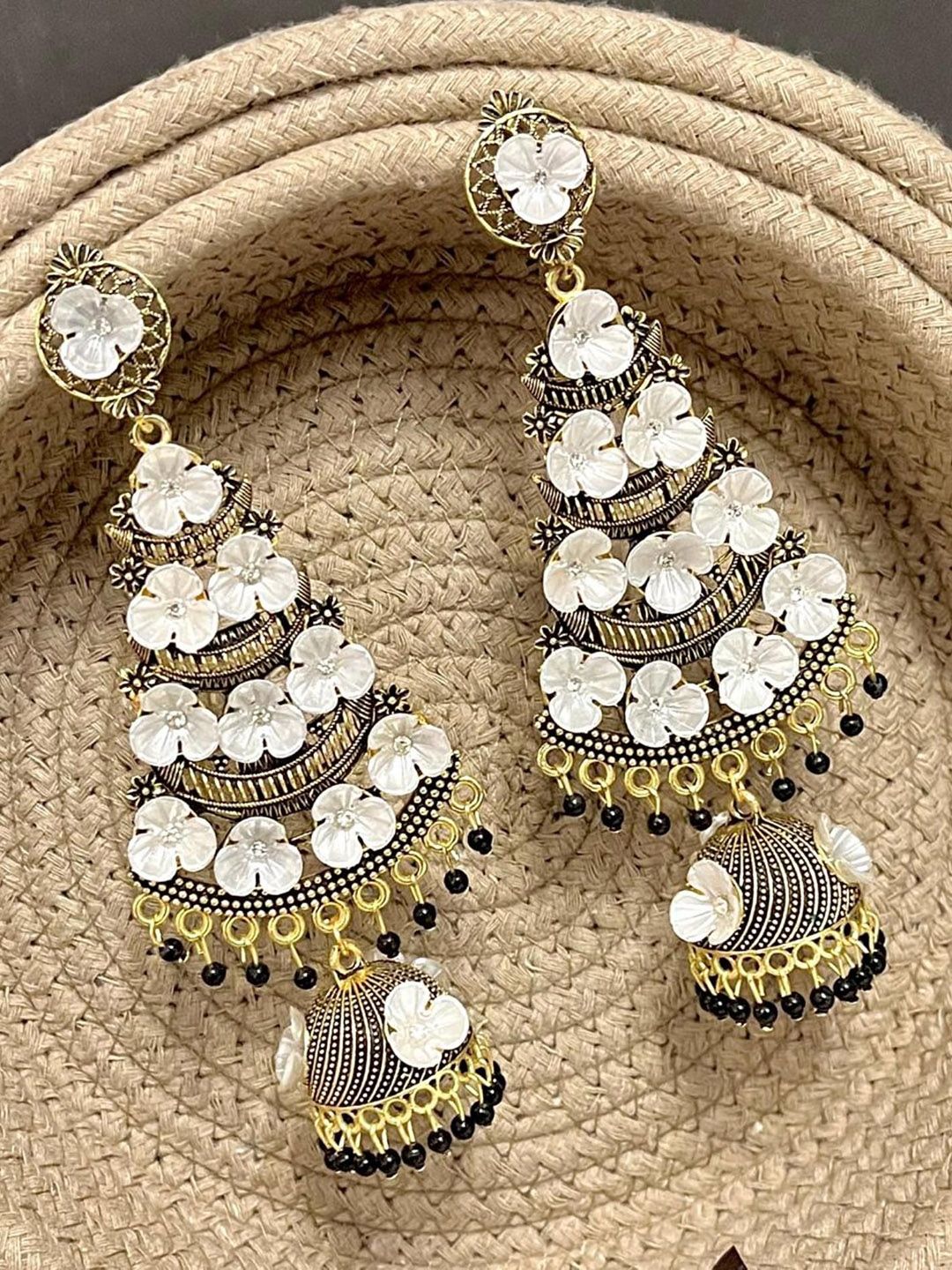 TANLOOMS Gold-Plated Artificial Stones Studded & Beaded Floral Enamelled Jhumkas