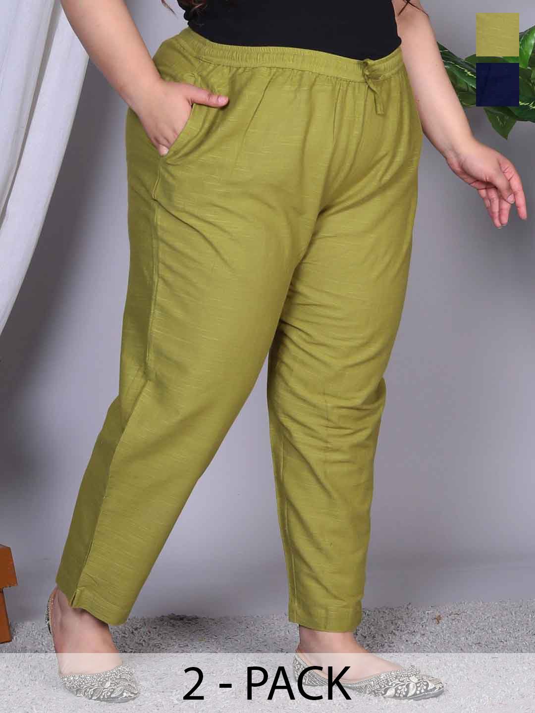 Prin Fashion House Women Plus Size Pack Of 2 Relaxed Straight Leg Fit Cotton Trousers