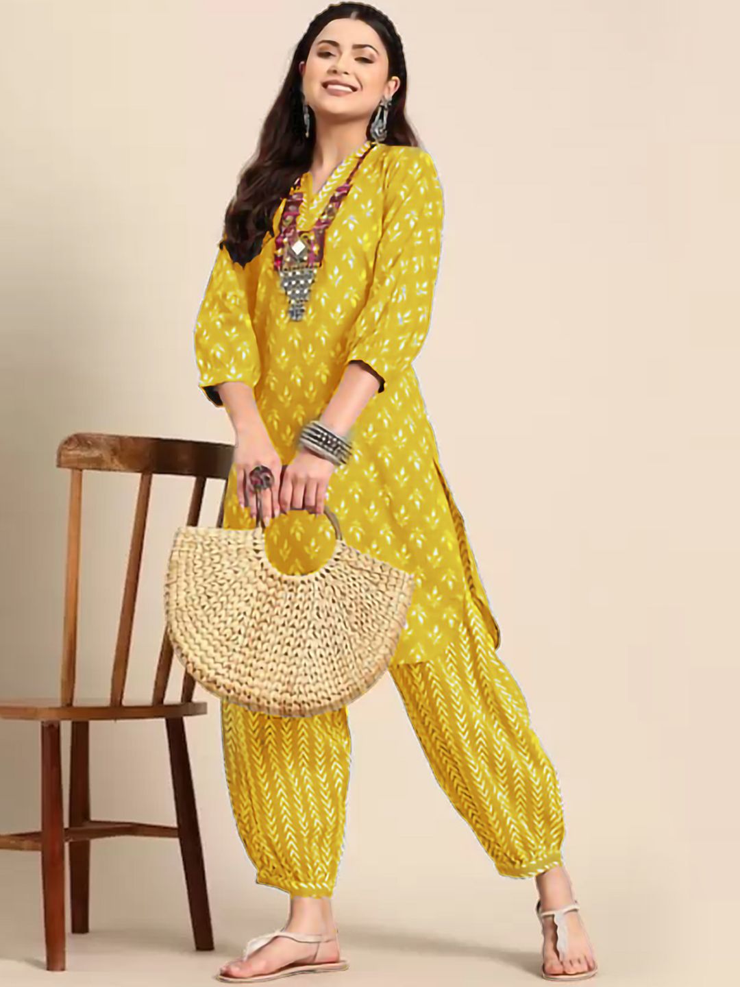 Lookmark Mustard Floral Printed V-Neck Straight Kurta with Salwar
