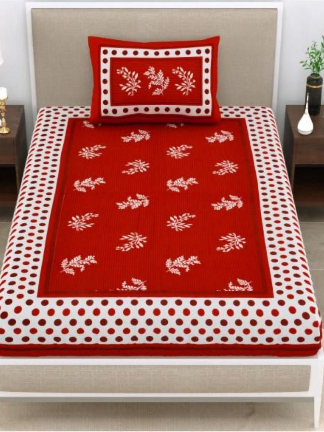 UNIQCHOICE Red Floral Cotton 120 TC Single Superfine Bedsheet with a Pillow Cover-225 x 150 cm