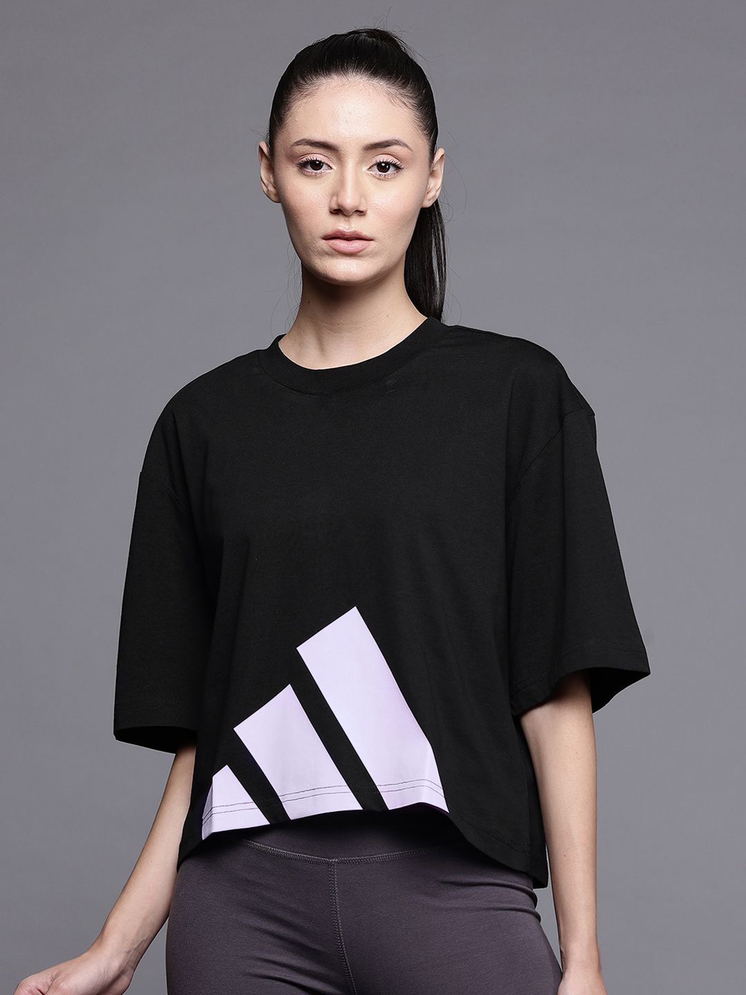 ADIDAS Brand Logo Printed Drop-Shoulder Sleeves Pure Cotton Boxy Sports T-shirt