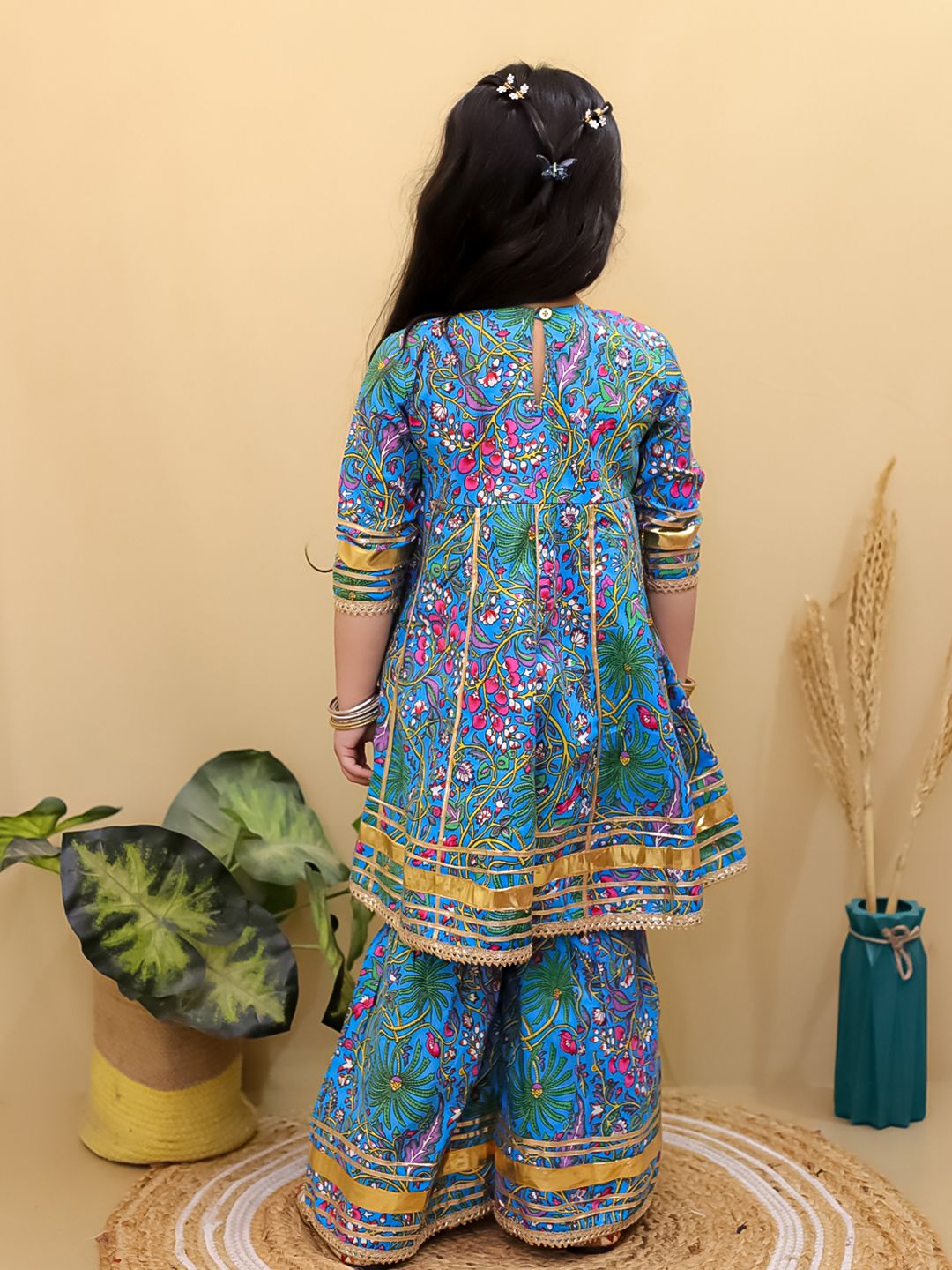 Girls Floral Printed Gotta Patti Pure Cotton Anarkali Kurti with Sharara 5