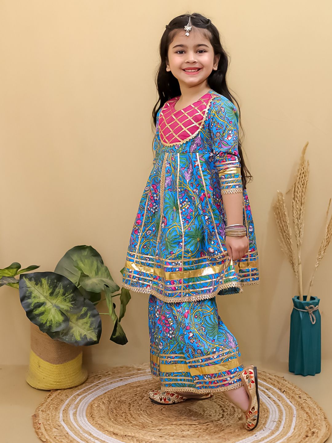 Girls Floral Printed Gotta Patti Pure Cotton Anarkali Kurti with Sharara 4