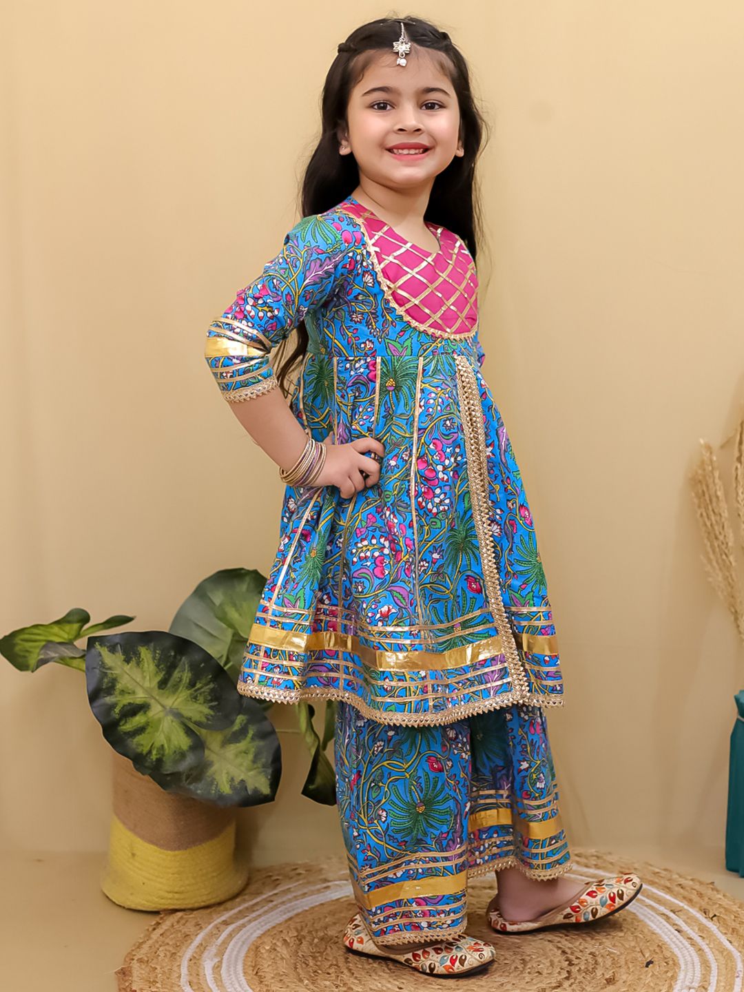 Girls Floral Printed Gotta Patti Pure Cotton Anarkali Kurti with Sharara 3