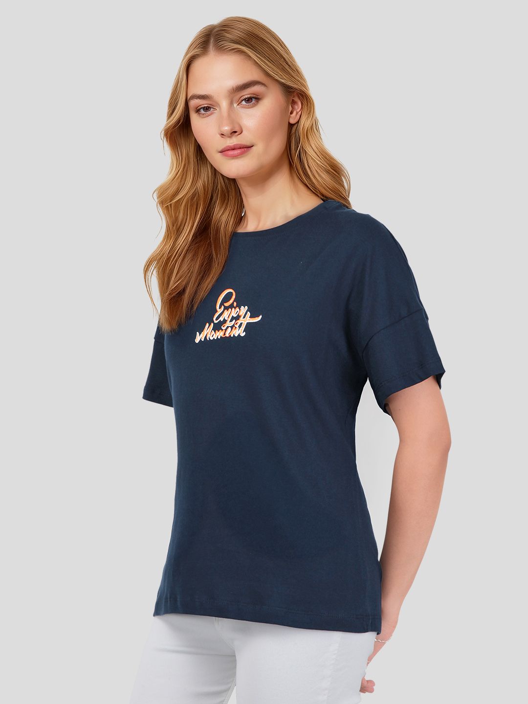 Mast & Harbour Typography Printed Drop-Shoulder Sleeves Pure Cotton T-shirt