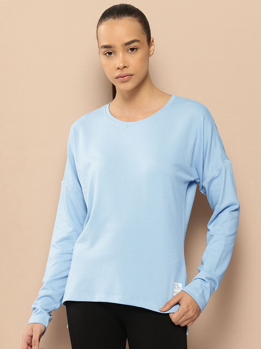 Alcis Women Blue Tshirts Solid Drop-Shoulder Sleeves T-shirt
