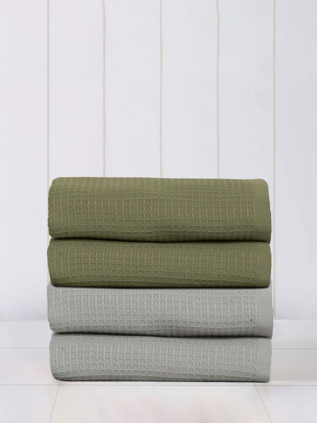 Mulberry Living 4Pcs Olive Green & Grey Solid Waffle Comfort Hand Towels