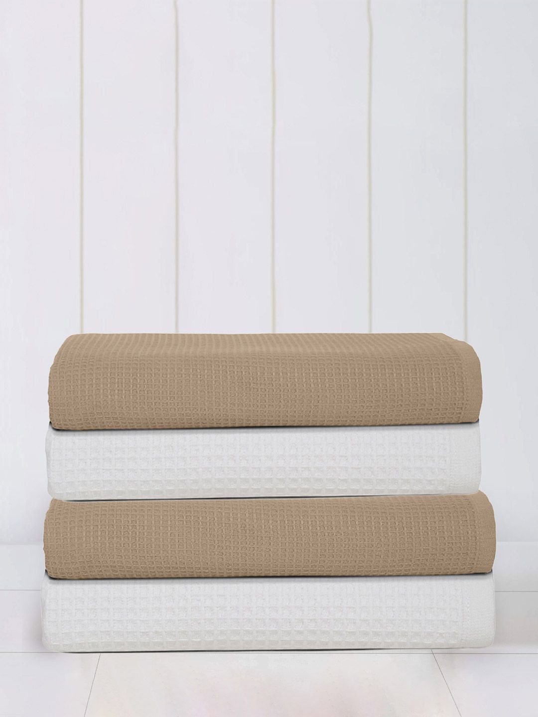 Mulberry Living 4Pcs White & Beige Solid Waffle Comfort Hand Towels