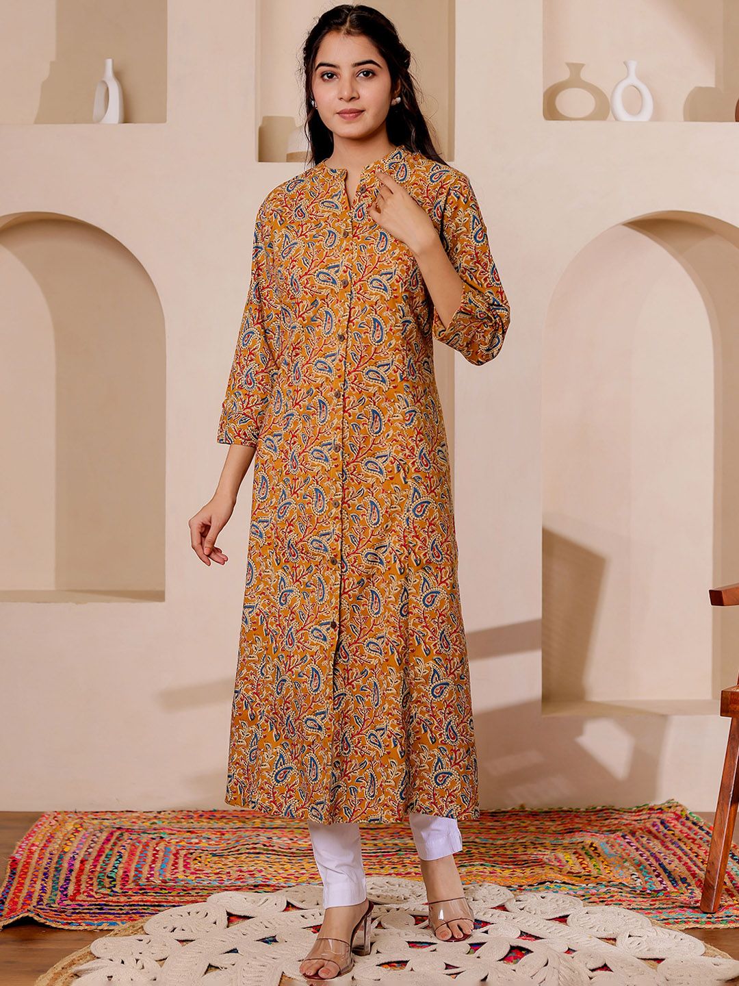 VASVI Paisely Printed Mandarin Collar Kalamkari Cotton A-Line Kurta