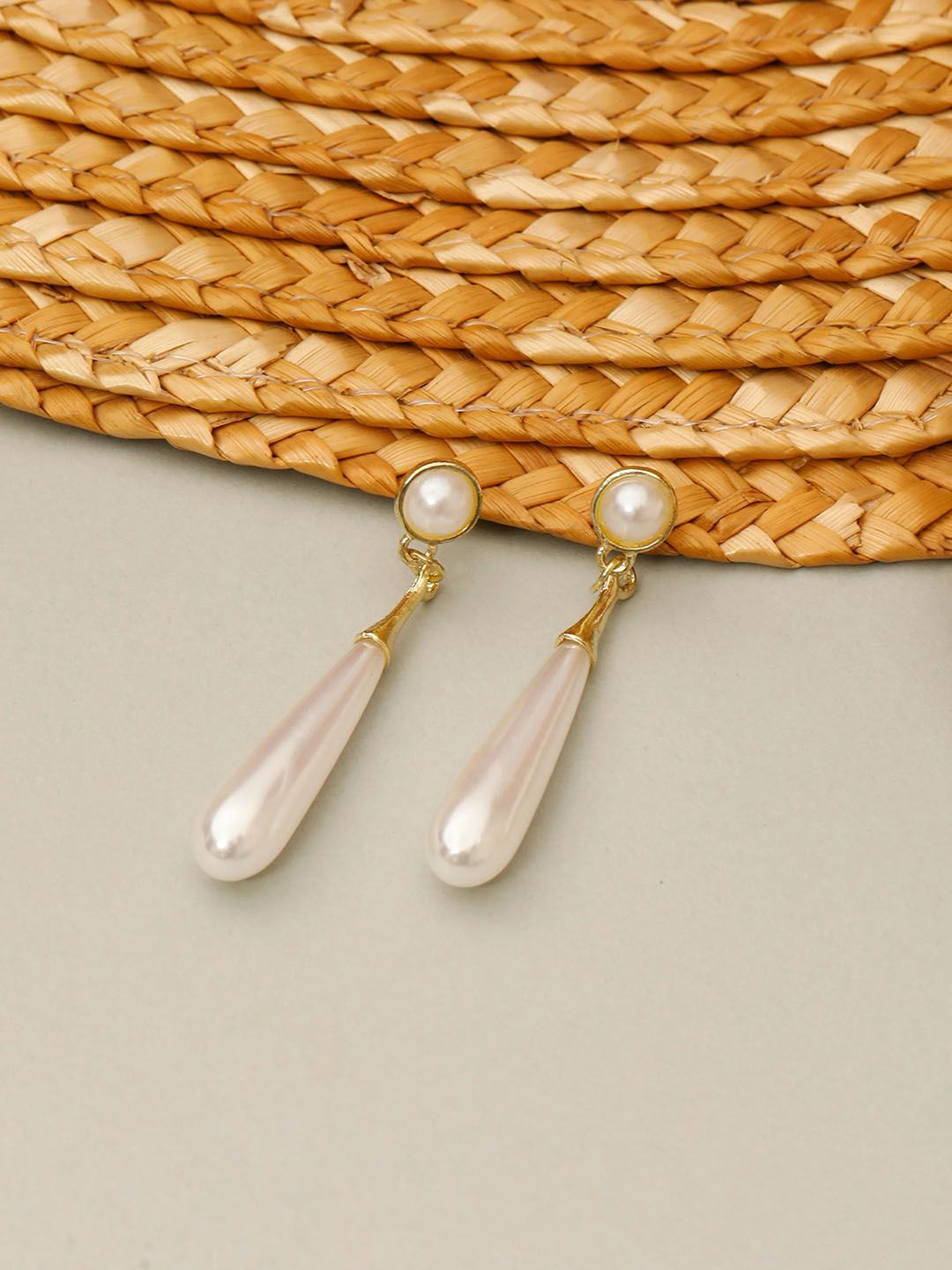 Palli Creation Gold-Plated Pearls-Studded Teardrop Shaped Drop Earrings