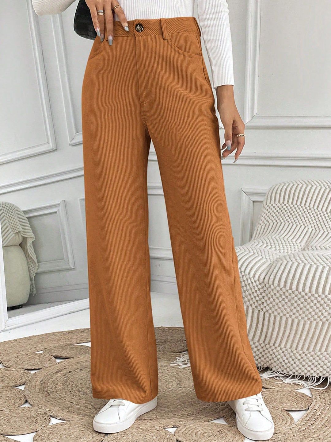 HIGH BUY Women Relaxed Straight Leg Straight Fit High-Rise Corduroy Trousers