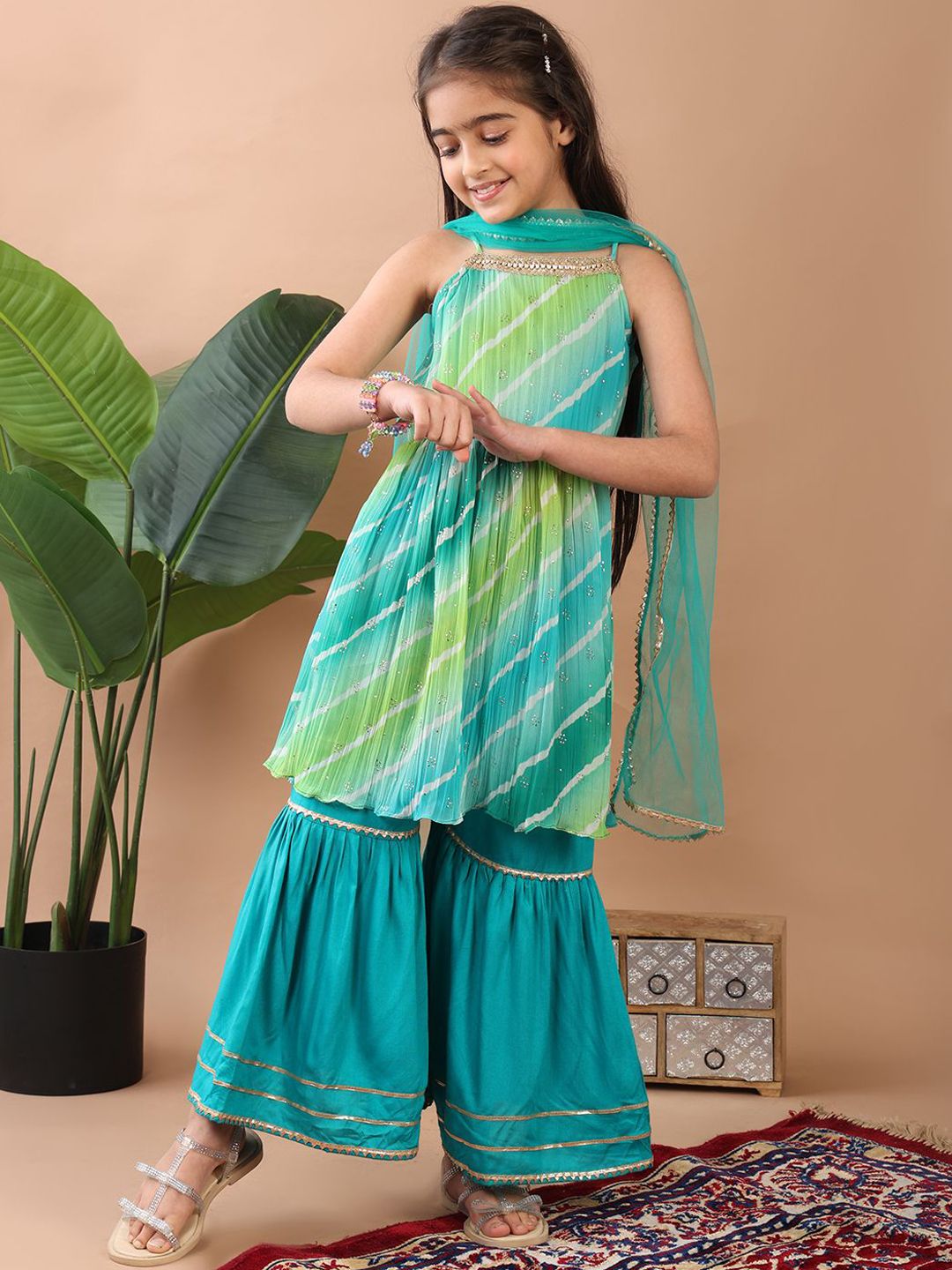 X Kinder Kids Girls Leheriya Printed Kurti with Sharara And Dupatta 5